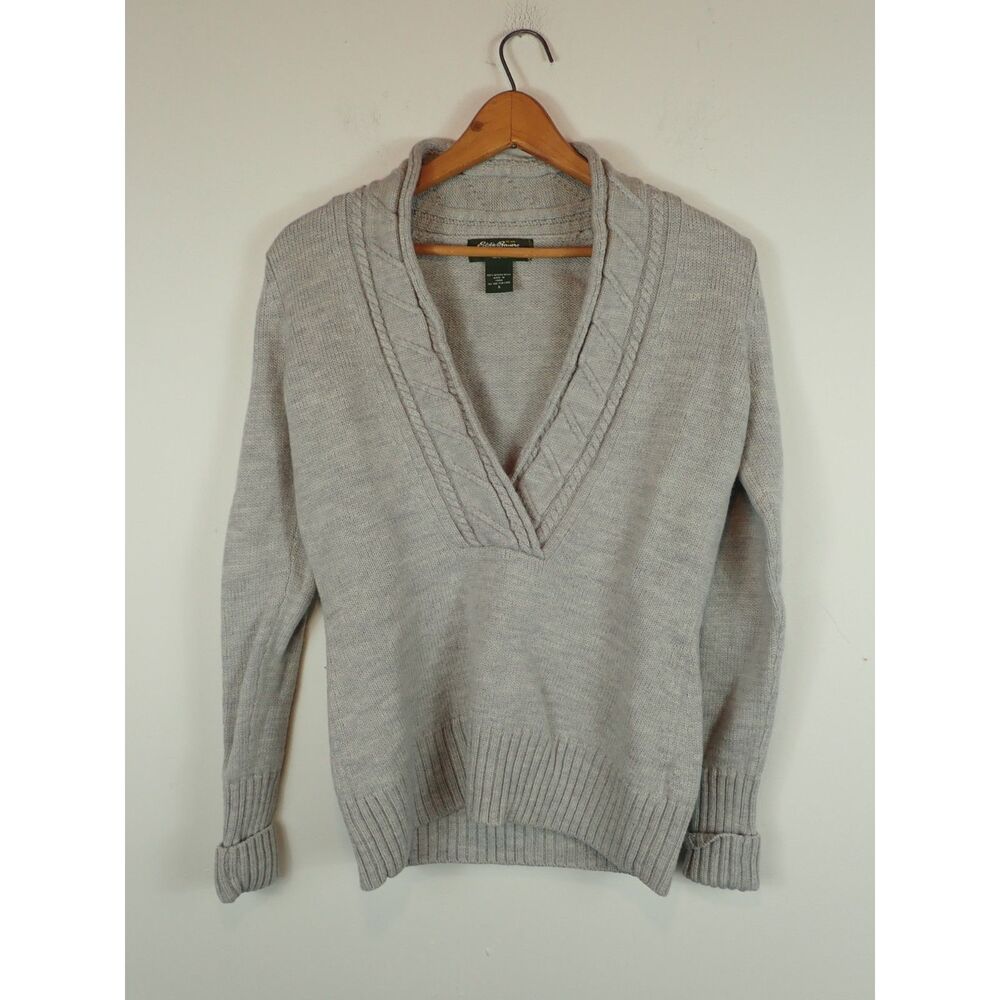 Eddie Bauer 100% Merino Wool Gray V-Neck Sweater Small Cable Knit Classic